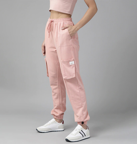 Women Pink High-Rise Solid Cargo Joggers